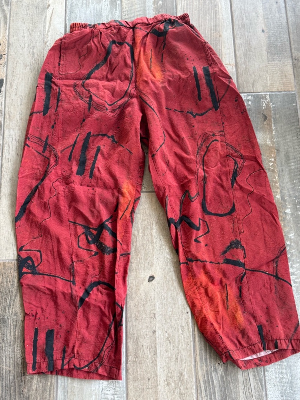 Harem Pants Red Abstract Print Linen Silk Blend Small